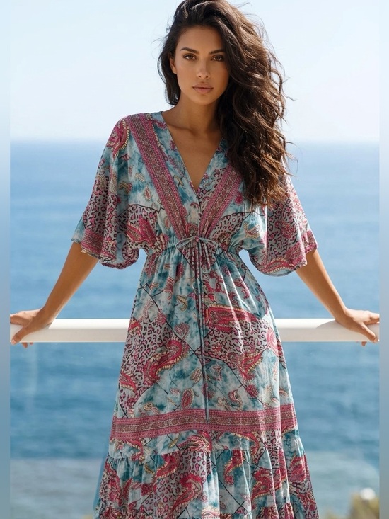 white waves Dresses & Skirts - White Waves Maxi Dress Womens L Blue Pink Paisley Boho V-Neck Tie Back